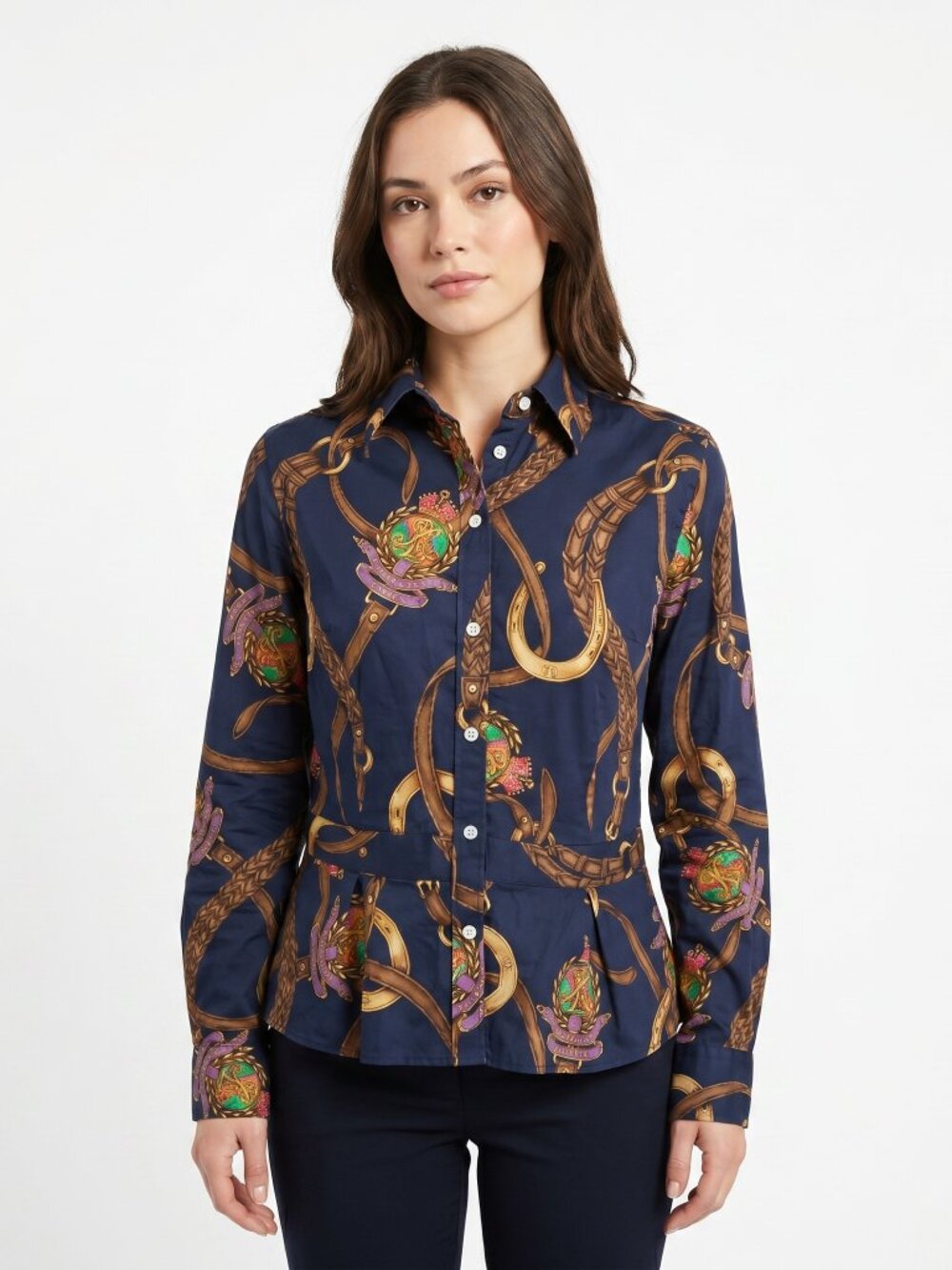 Lauren Ralph Lauren 8P Equestrian Horse Bit Peplum Blouse Navy